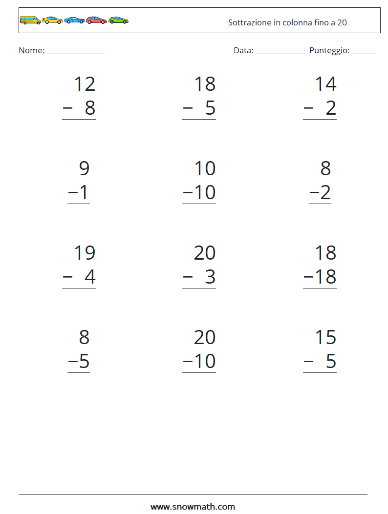(12) Sottrazione in colonna fino a 20 Fogli di lavoro di matematica 10