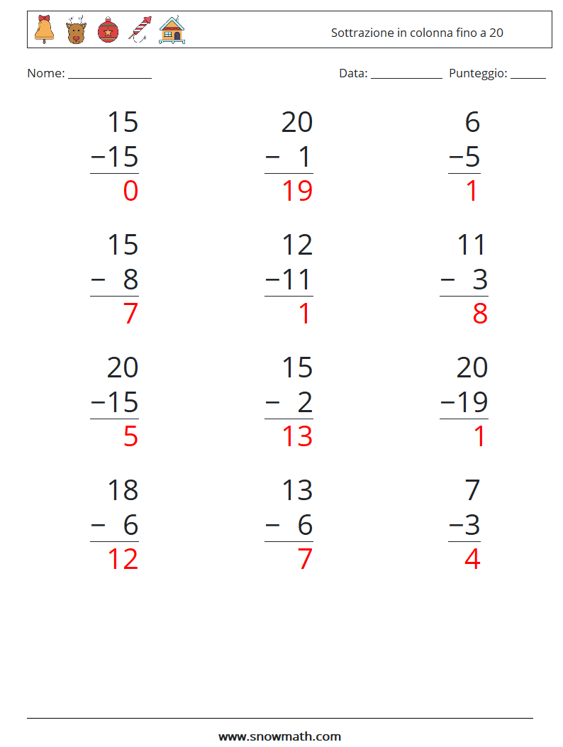 (12) Sottrazione in colonna fino a 20 Fogli di lavoro di matematica 11 Domanda, Risposta