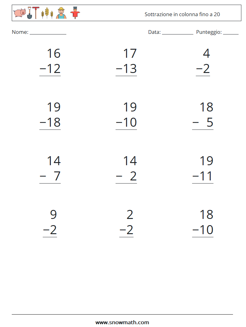 (12) Sottrazione in colonna fino a 20 Fogli di lavoro di matematica 12