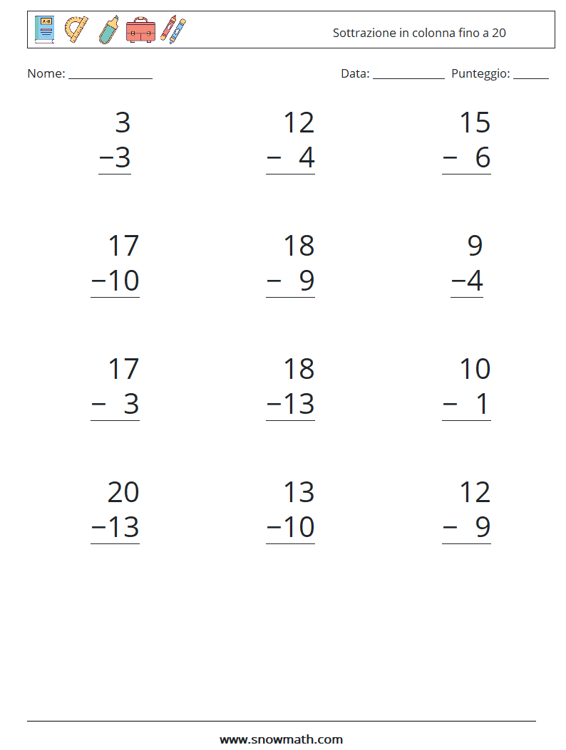 (12) Sottrazione in colonna fino a 20 Fogli di lavoro di matematica 14