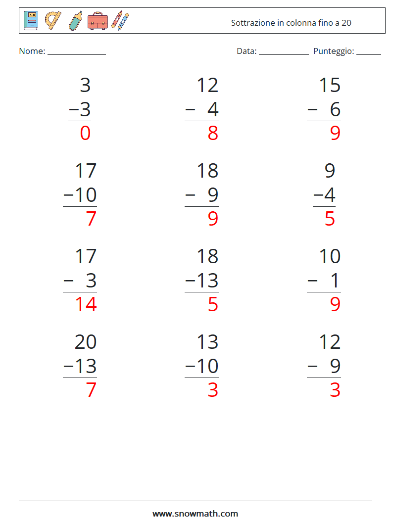 (12) Sottrazione in colonna fino a 20 Fogli di lavoro di matematica 14 Domanda, Risposta