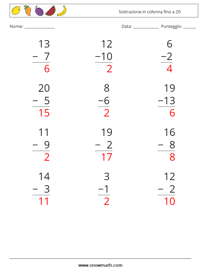 (12) Sottrazione in colonna fino a 20 Fogli di lavoro di matematica 16 Domanda, Risposta