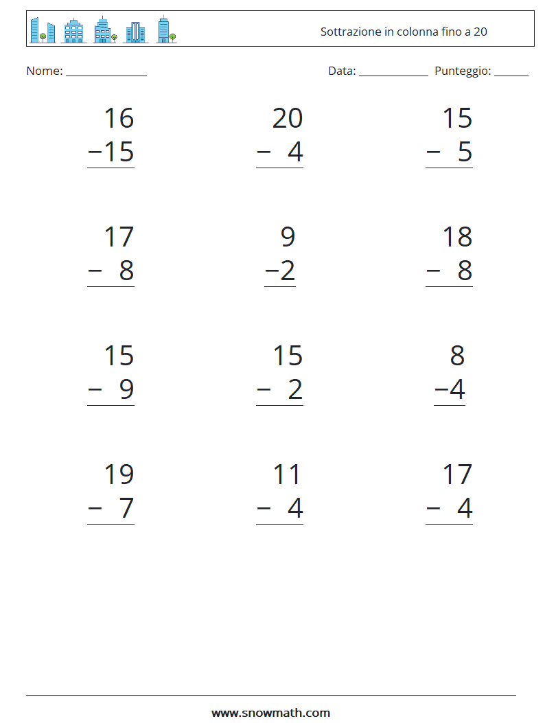 (12) Sottrazione in colonna fino a 20 Fogli di lavoro di matematica 18