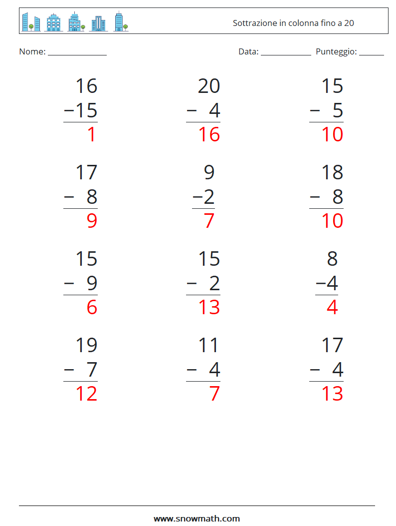 (12) Sottrazione in colonna fino a 20 Fogli di lavoro di matematica 18 Domanda, Risposta