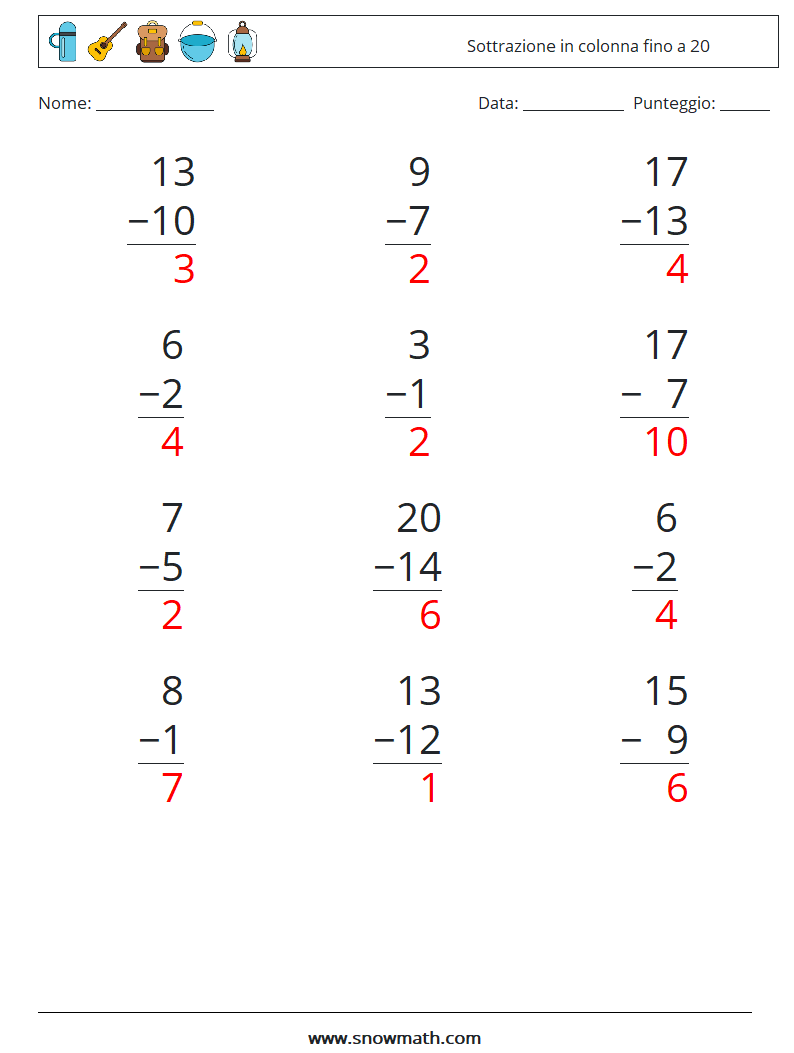 (12) Sottrazione in colonna fino a 20 Fogli di lavoro di matematica 1 Domanda, Risposta