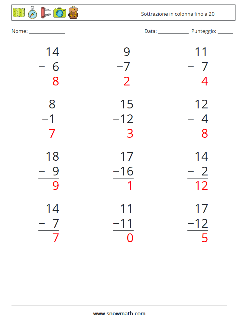(12) Sottrazione in colonna fino a 20 Fogli di lavoro di matematica 3 Domanda, Risposta