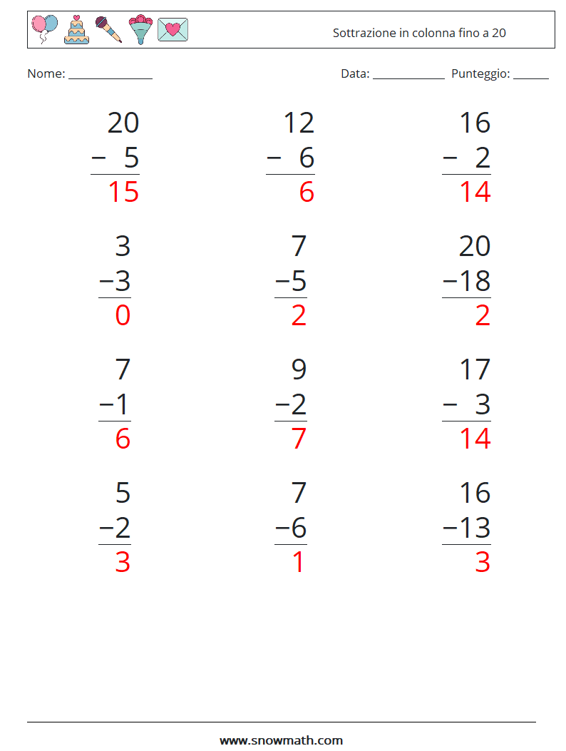 (12) Sottrazione in colonna fino a 20 Fogli di lavoro di matematica 4 Domanda, Risposta