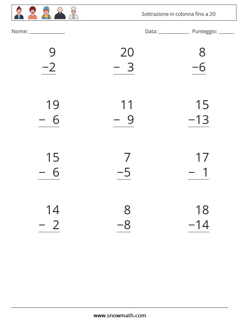 (12) Sottrazione in colonna fino a 20 Fogli di lavoro di matematica 6