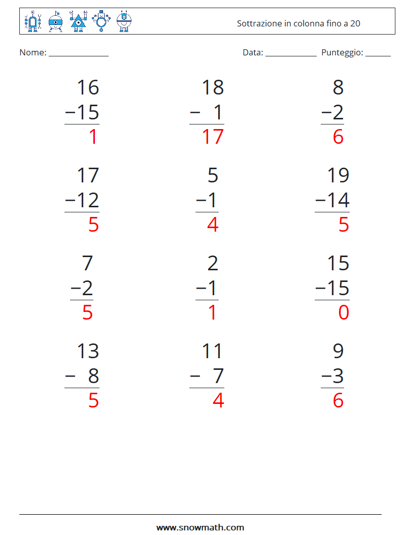 (12) Sottrazione in colonna fino a 20 Fogli di lavoro di matematica 8 Domanda, Risposta