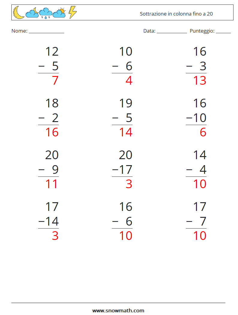 (12) Sottrazione in colonna fino a 20 Fogli di lavoro di matematica 9 Domanda, Risposta