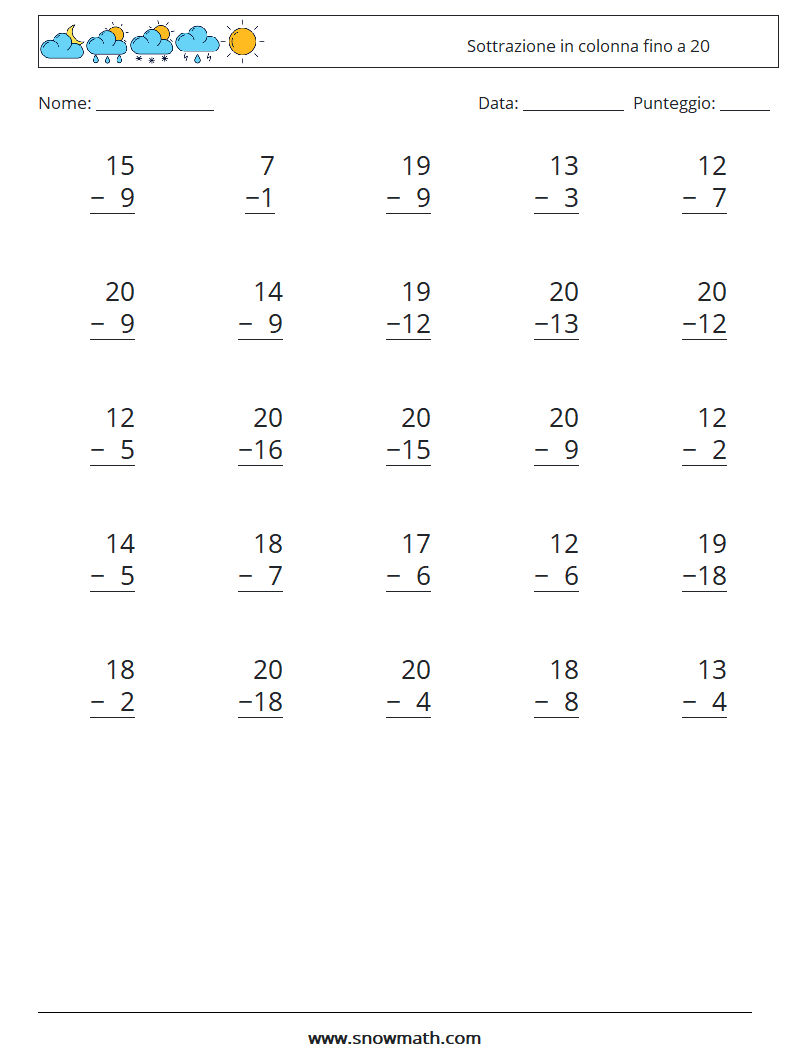 (25) Sottrazione in colonna fino a 20 Fogli di lavoro di matematica 10