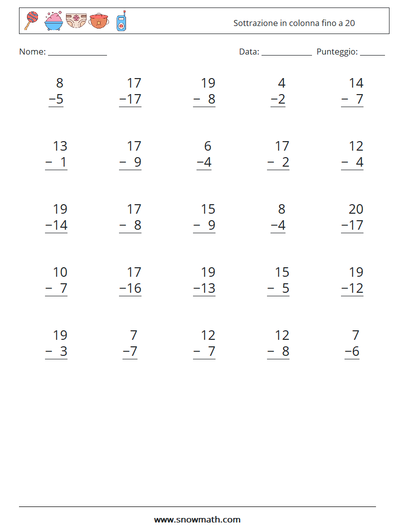 (25) Sottrazione in colonna fino a 20 Fogli di lavoro di matematica 12