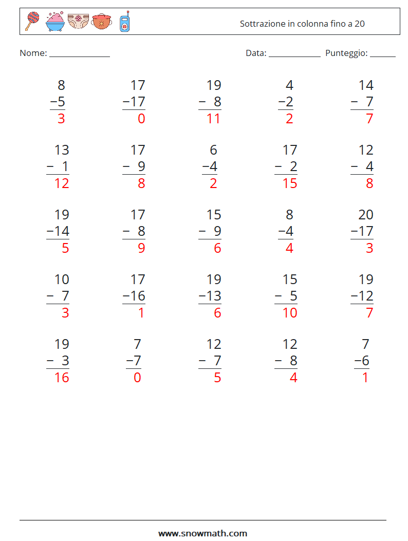 (25) Sottrazione in colonna fino a 20 Fogli di lavoro di matematica 12 Domanda, Risposta