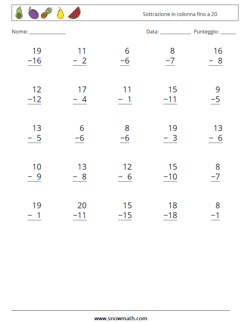 (25) Sottrazione in colonna fino a 20 Fogli di lavoro di matematica 13
