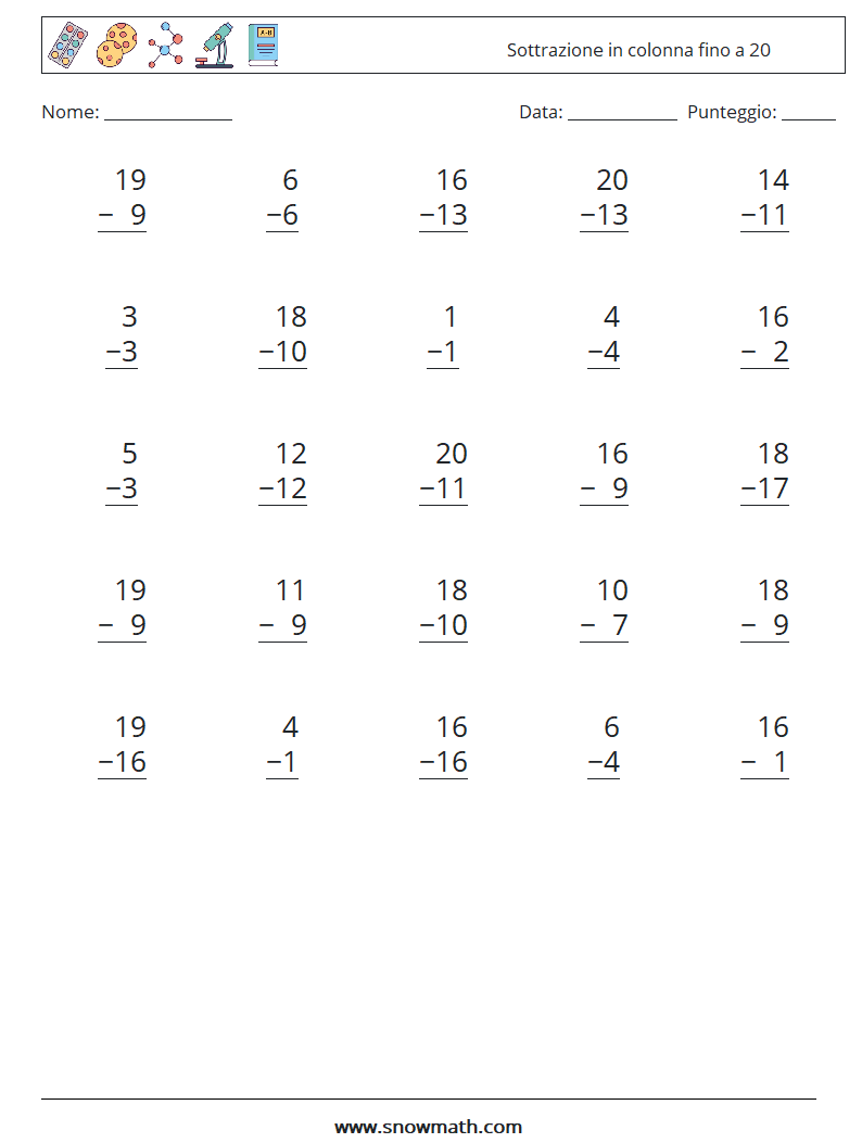 (25) Sottrazione in colonna fino a 20 Fogli di lavoro di matematica 14