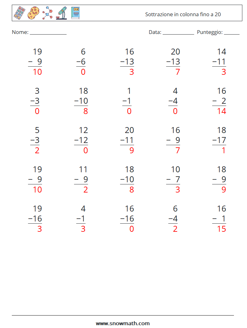 (25) Sottrazione in colonna fino a 20 Fogli di lavoro di matematica 14 Domanda, Risposta
