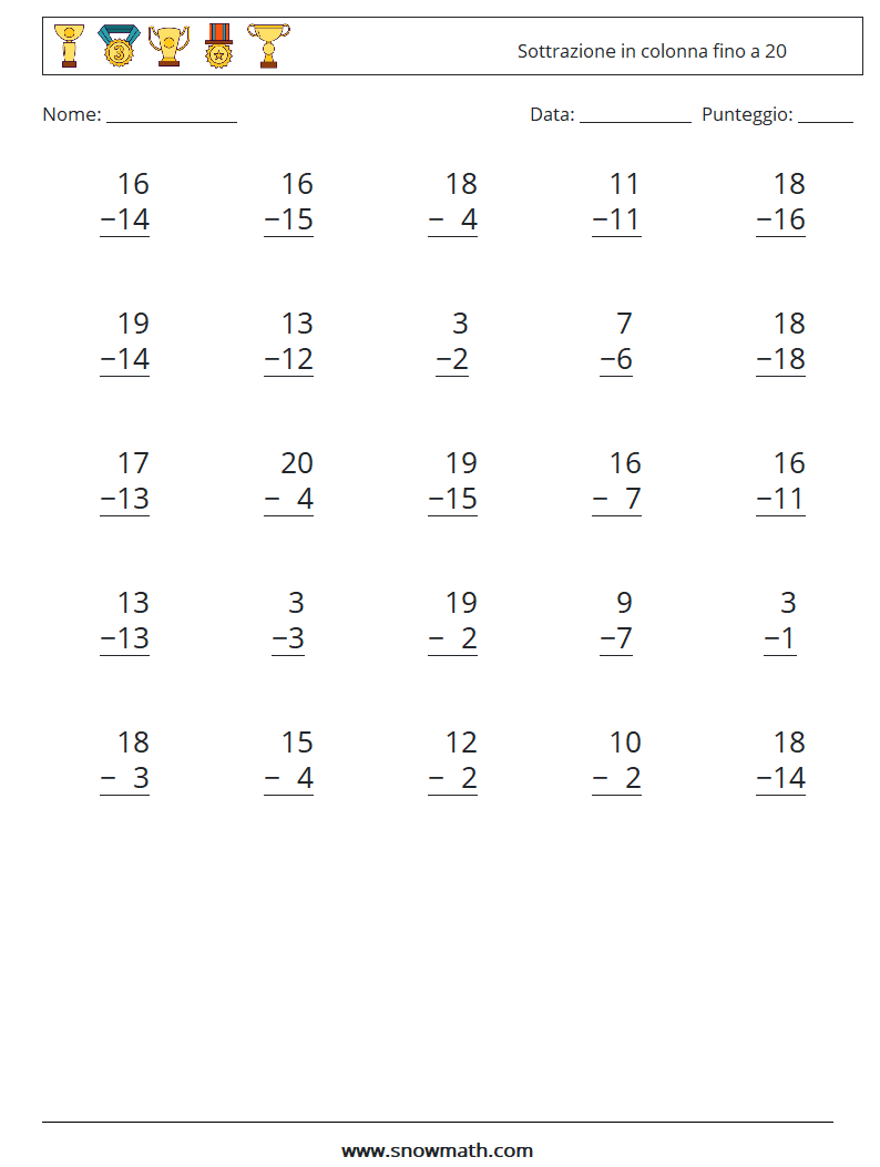 (25) Sottrazione in colonna fino a 20 Fogli di lavoro di matematica 16