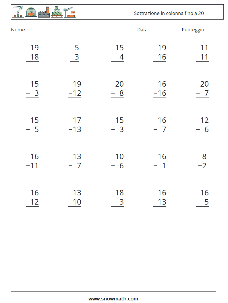 (25) Sottrazione in colonna fino a 20 Fogli di lavoro di matematica 17