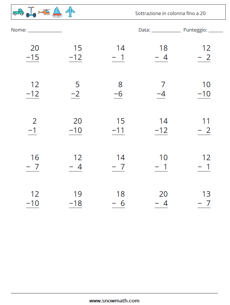 (25) Sottrazione in colonna fino a 20 Fogli di lavoro di matematica 18