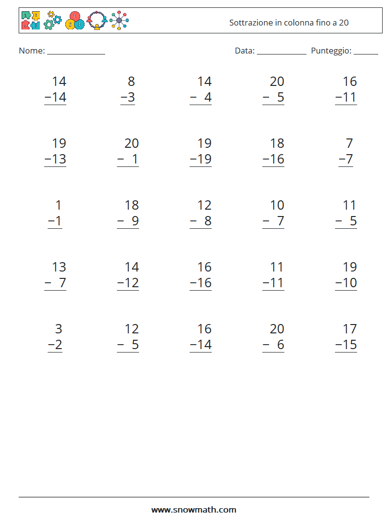 (25) Sottrazione in colonna fino a 20 Fogli di lavoro di matematica 2