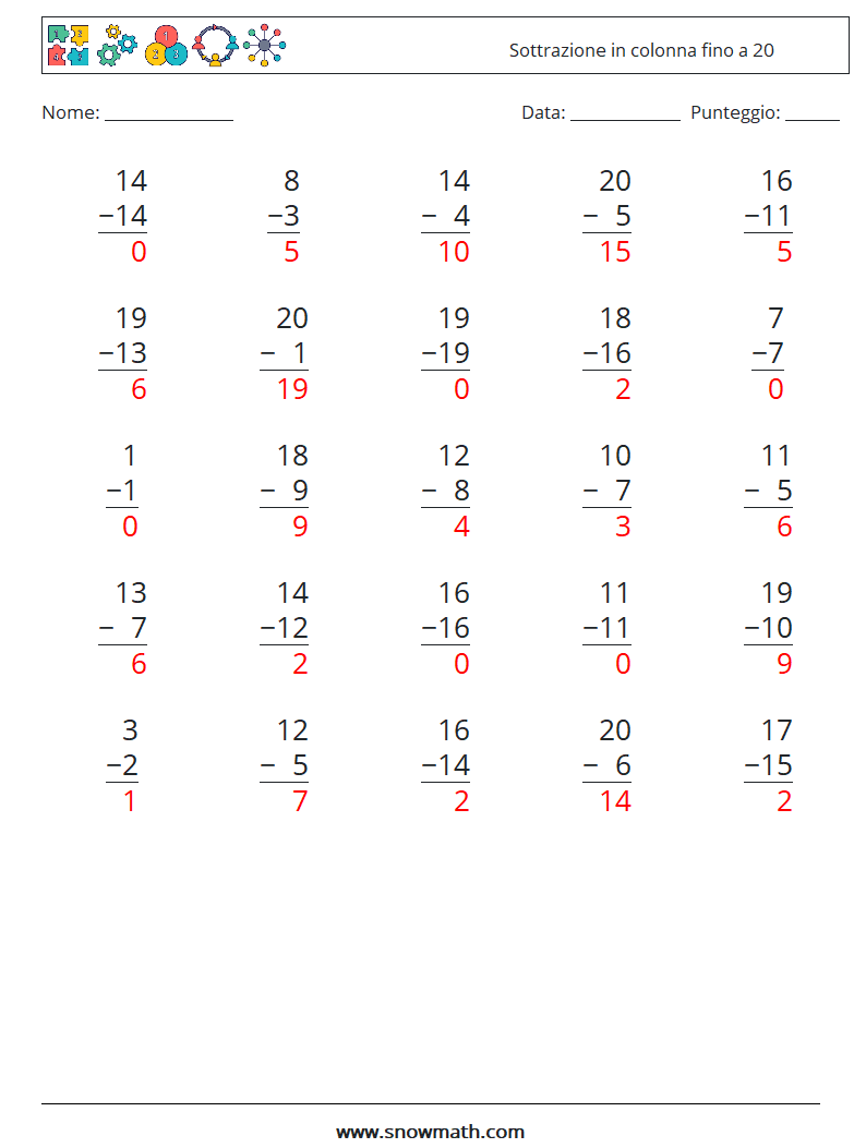 (25) Sottrazione in colonna fino a 20 Fogli di lavoro di matematica 2 Domanda, Risposta