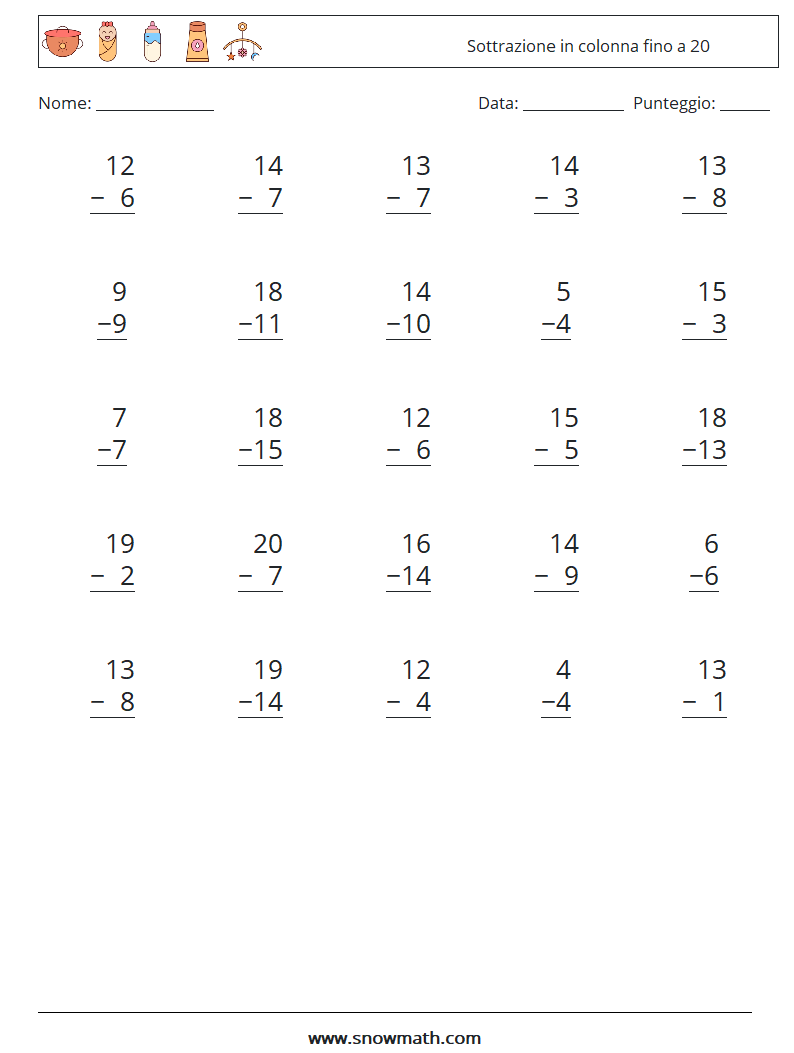 (25) Sottrazione in colonna fino a 20 Fogli di lavoro di matematica 3