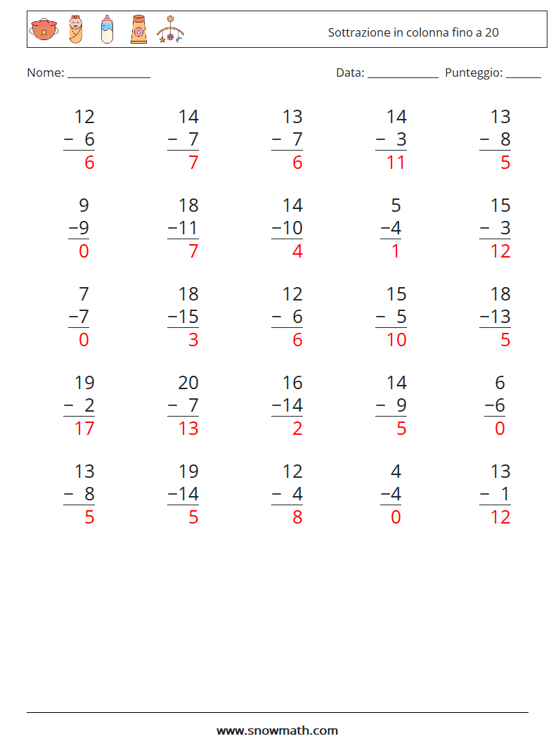 (25) Sottrazione in colonna fino a 20 Fogli di lavoro di matematica 3 Domanda, Risposta