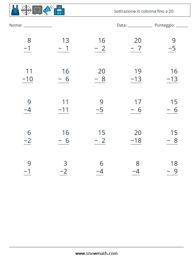 (25) Sottrazione in colonna fino a 20 Fogli di lavoro di matematica 4