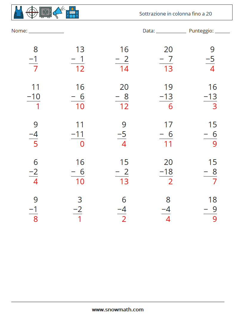 (25) Sottrazione in colonna fino a 20 Fogli di lavoro di matematica 4 Domanda, Risposta