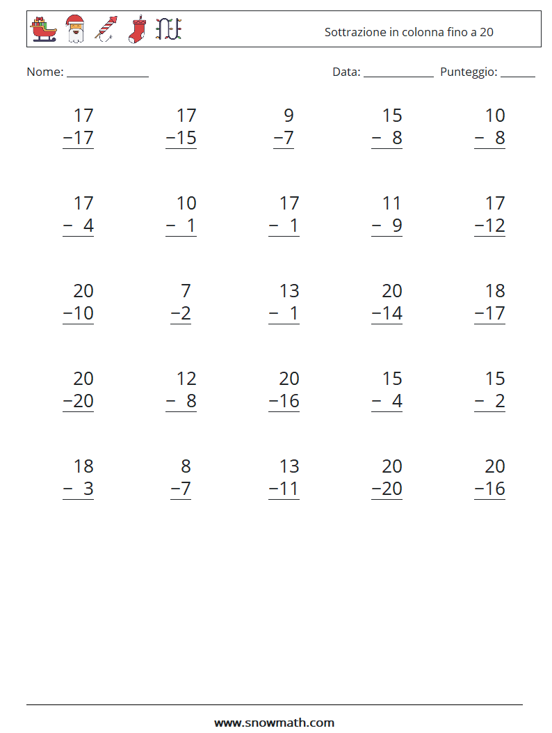 (25) Sottrazione in colonna fino a 20 Fogli di lavoro di matematica 5