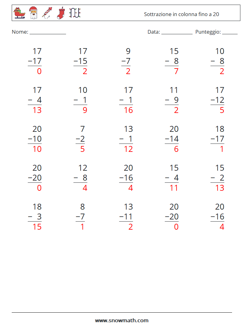 (25) Sottrazione in colonna fino a 20 Fogli di lavoro di matematica 5 Domanda, Risposta