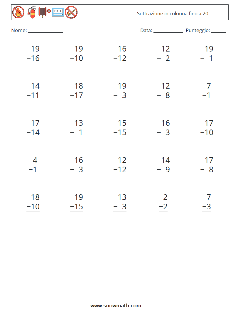 (25) Sottrazione in colonna fino a 20 Fogli di lavoro di matematica 6