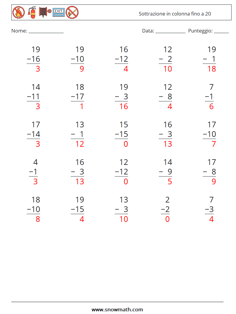 (25) Sottrazione in colonna fino a 20 Fogli di lavoro di matematica 6 Domanda, Risposta
