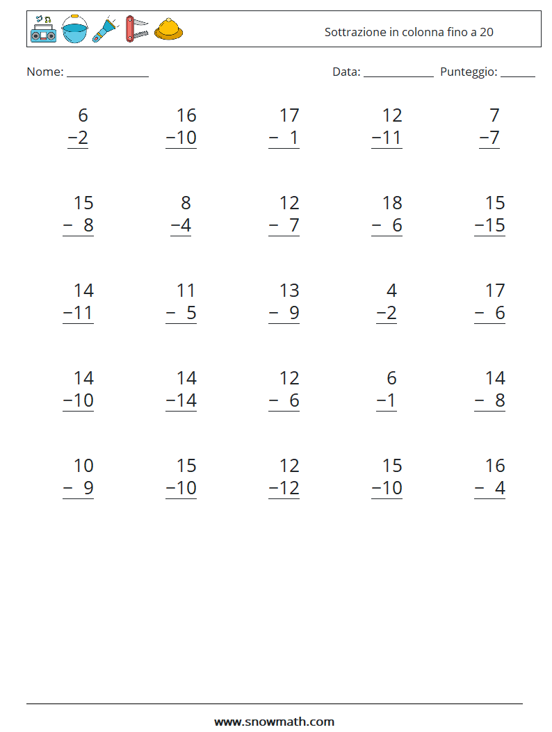 (25) Sottrazione in colonna fino a 20 Fogli di lavoro di matematica 7