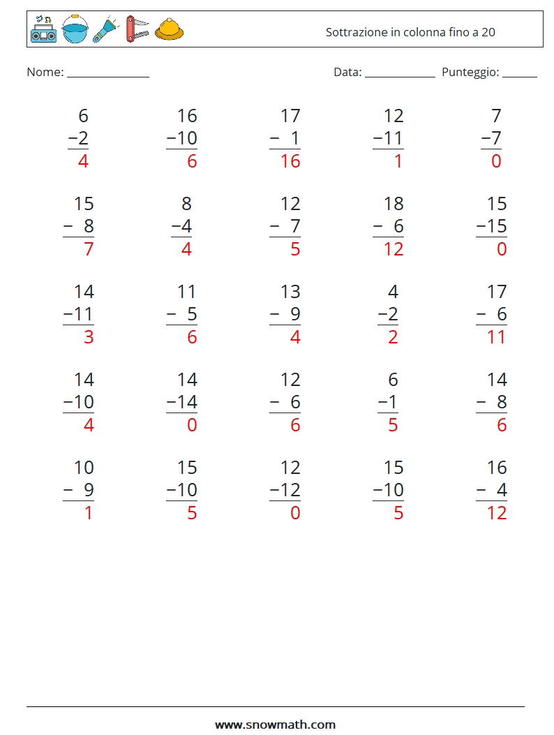 (25) Sottrazione in colonna fino a 20 Fogli di lavoro di matematica 7 Domanda, Risposta