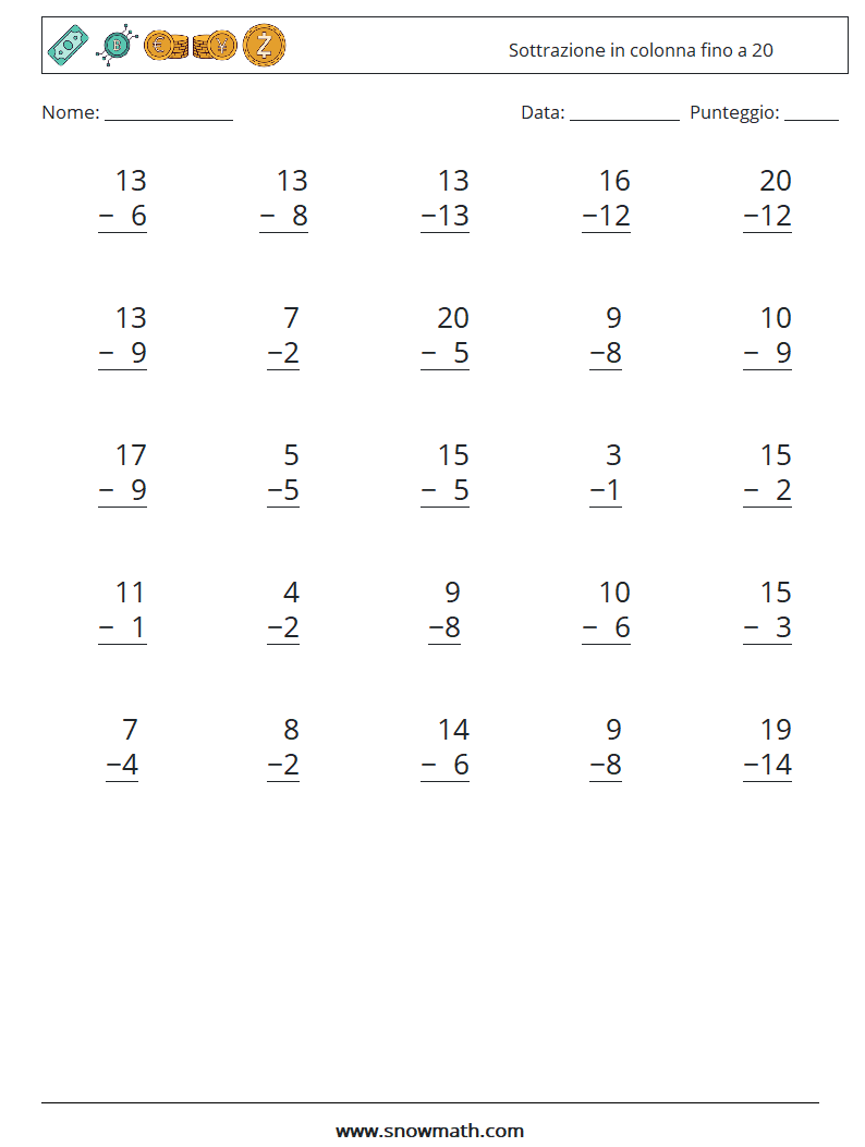 (25) Sottrazione in colonna fino a 20 Fogli di lavoro di matematica 8