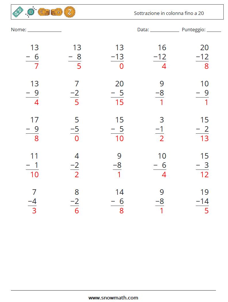 (25) Sottrazione in colonna fino a 20 Fogli di lavoro di matematica 8 Domanda, Risposta