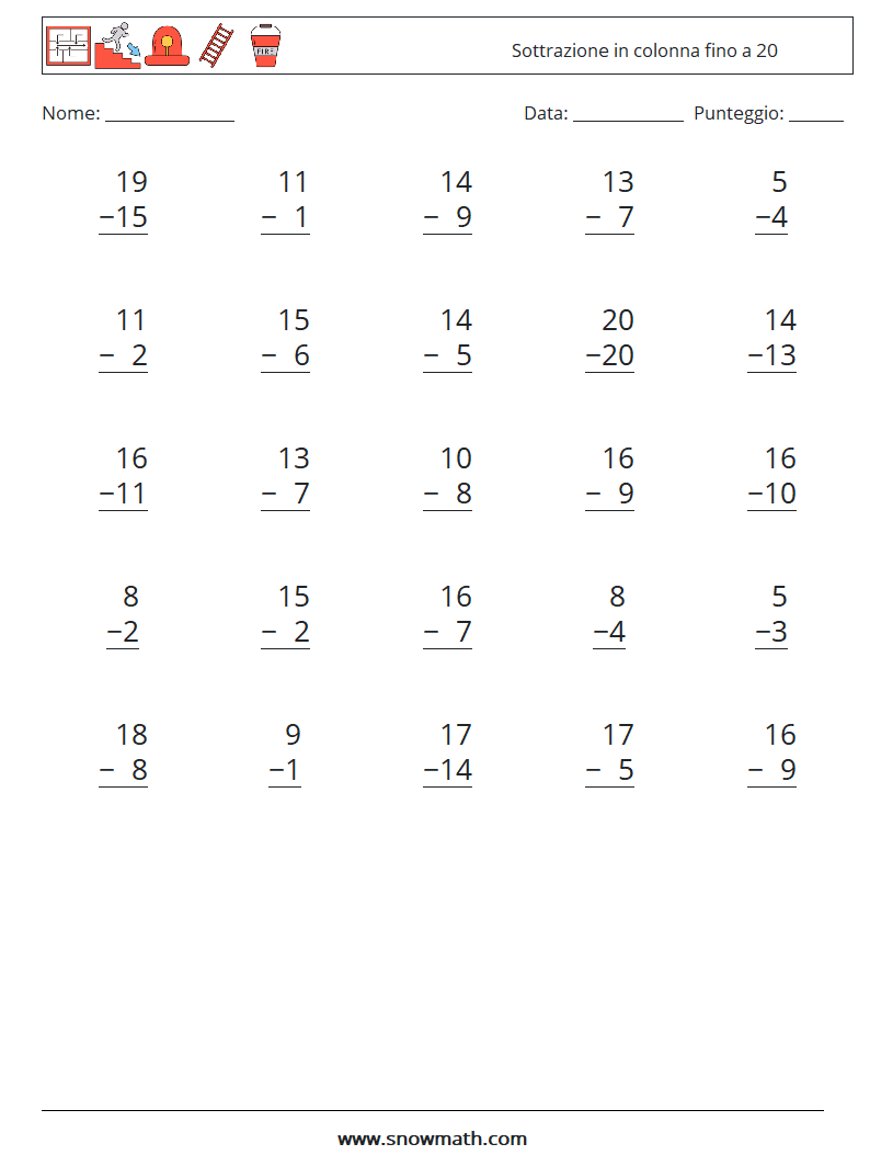 (25) Sottrazione in colonna fino a 20 Fogli di lavoro di matematica 9