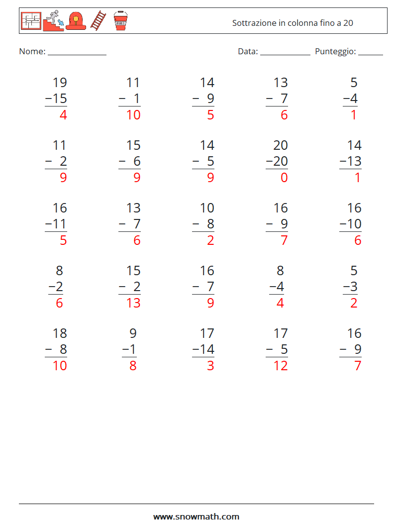(25) Sottrazione in colonna fino a 20 Fogli di lavoro di matematica 9 Domanda, Risposta