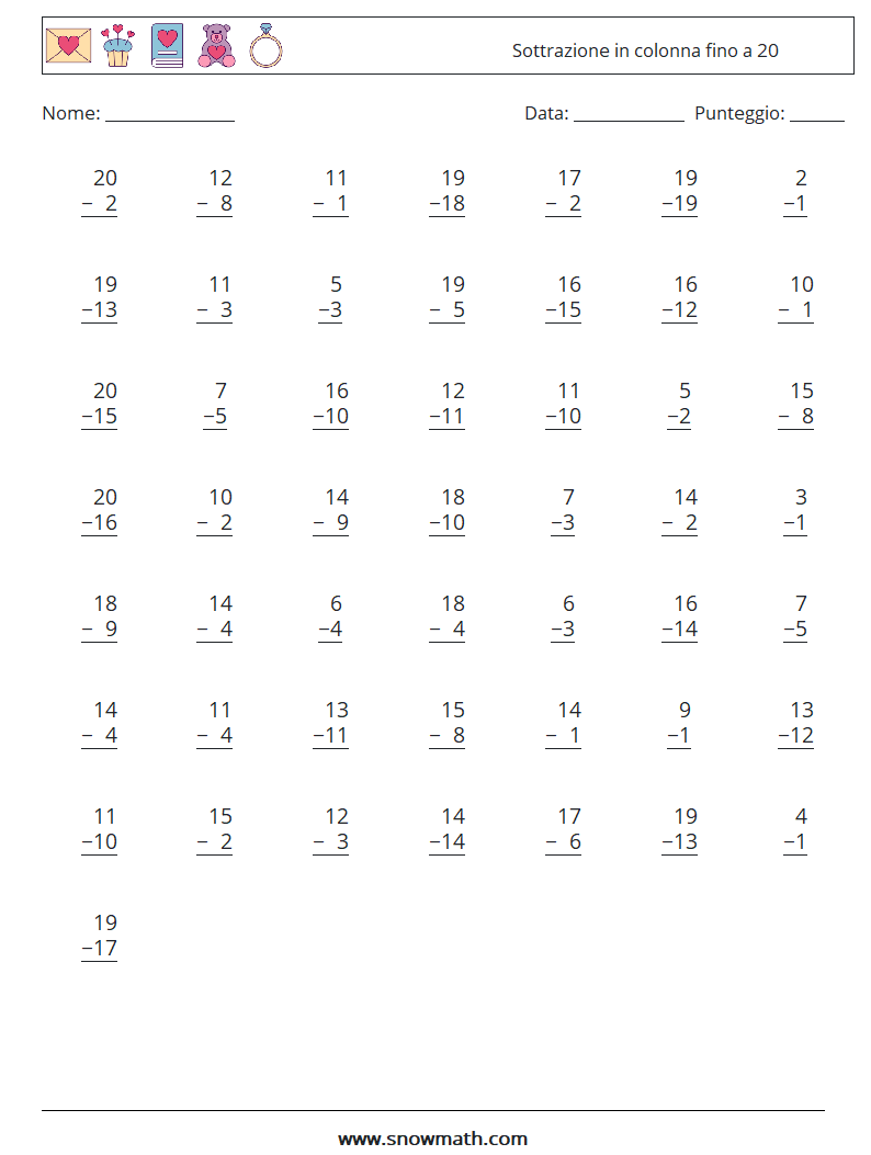 (50) Sottrazione in colonna fino a 20 Fogli di lavoro di matematica 3