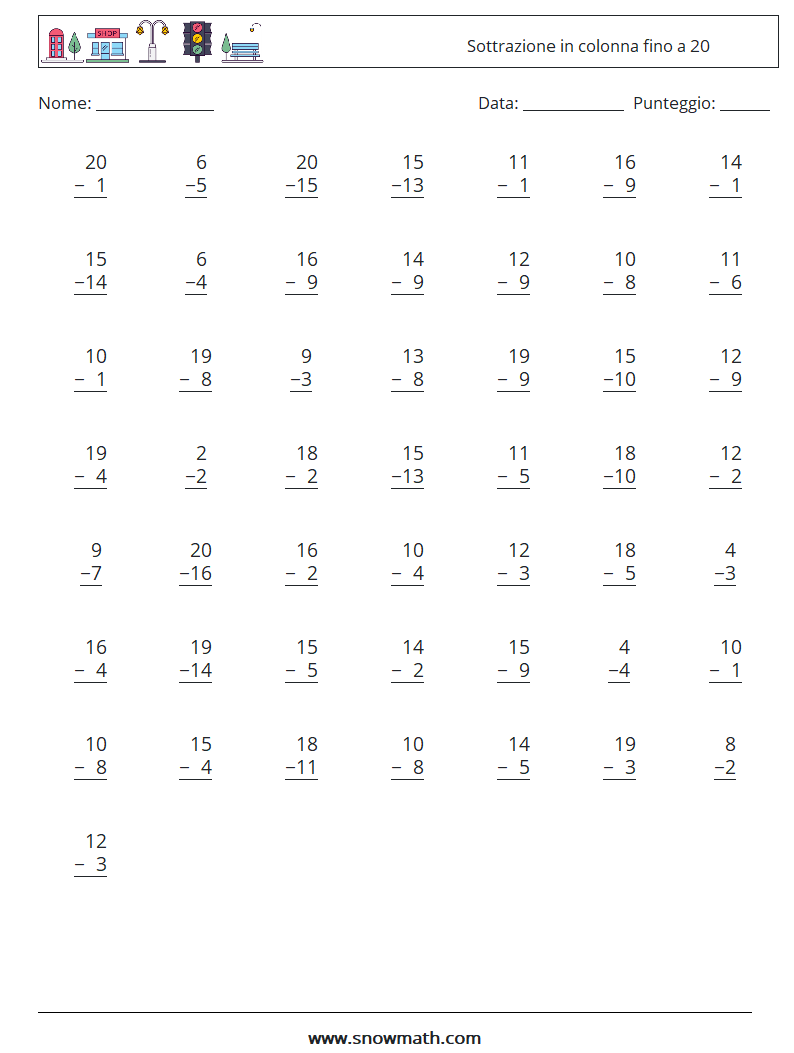(50) Sottrazione in colonna fino a 20 Fogli di lavoro di matematica 5