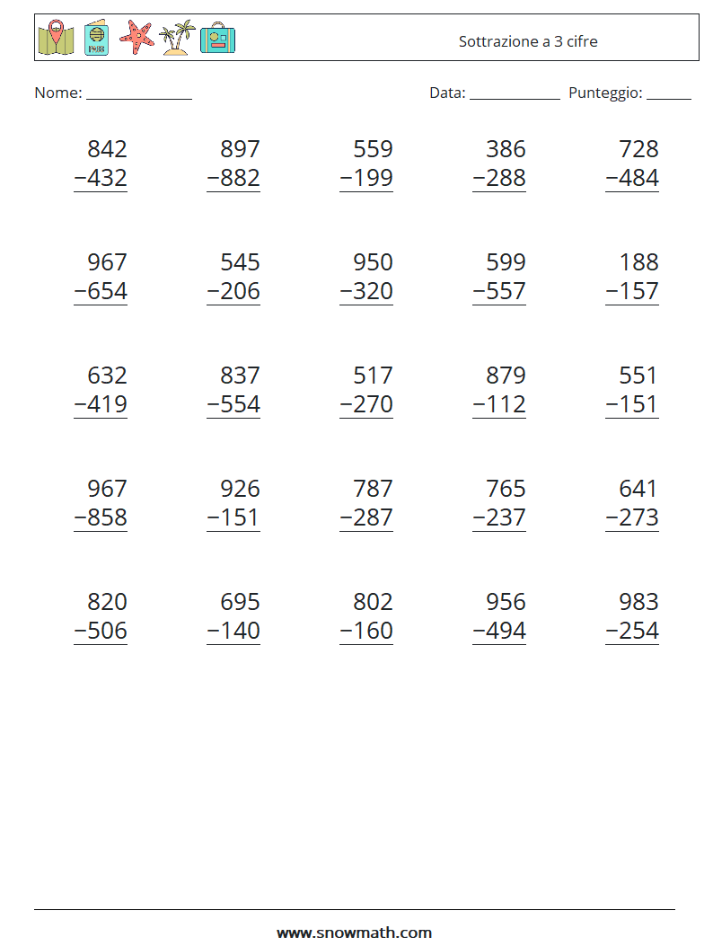 (25) Sottrazione a 3 cifre Fogli di lavoro di matematica 10