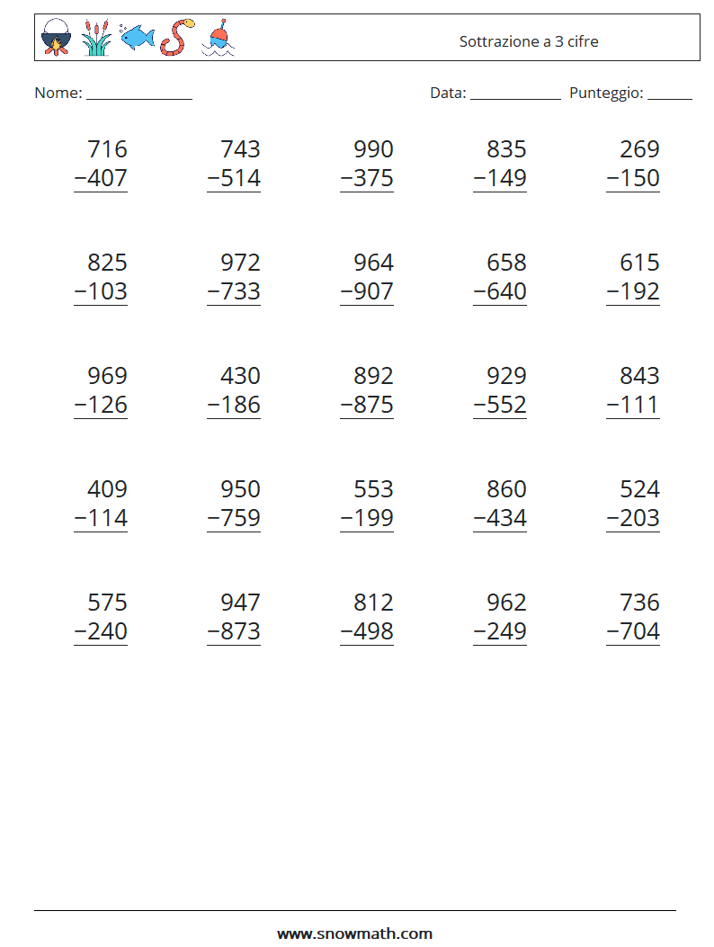 (25) Sottrazione a 3 cifre Fogli di lavoro di matematica 11