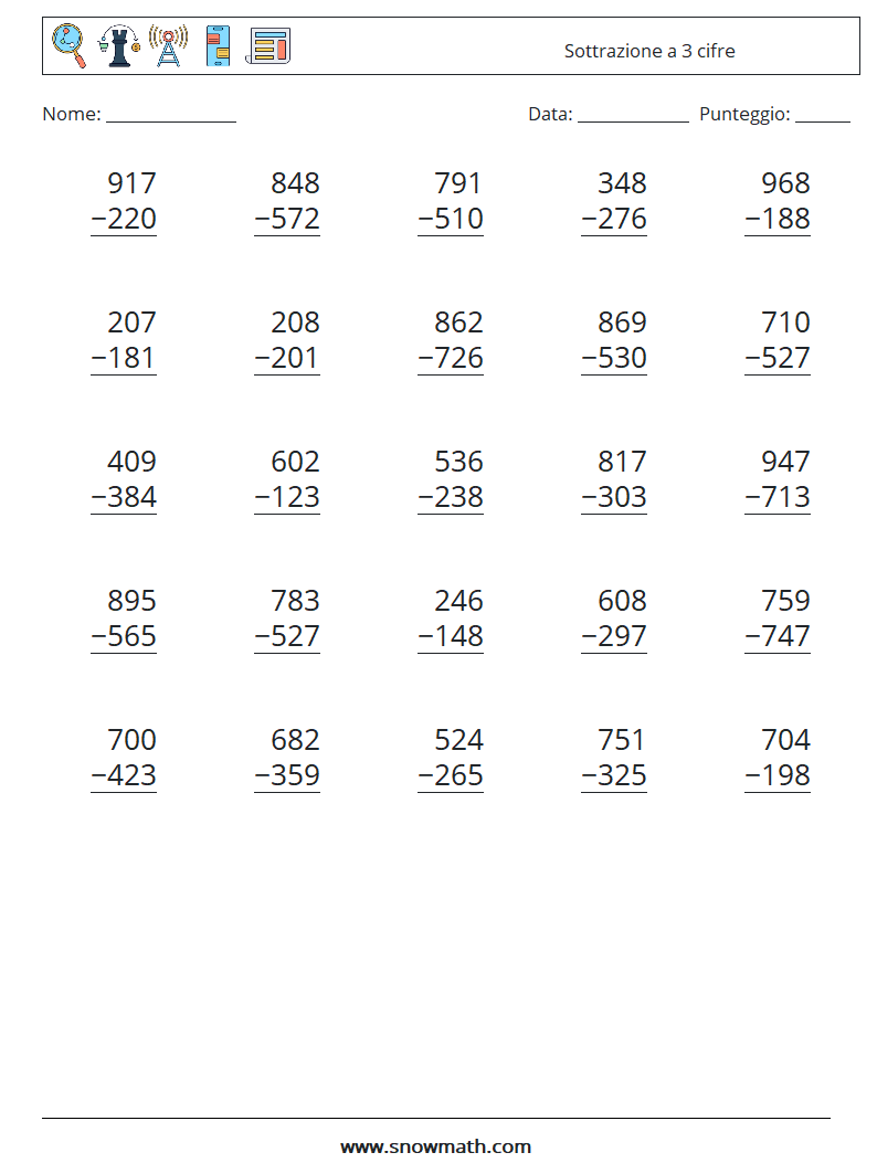 (25) Sottrazione a 3 cifre Fogli di lavoro di matematica 12