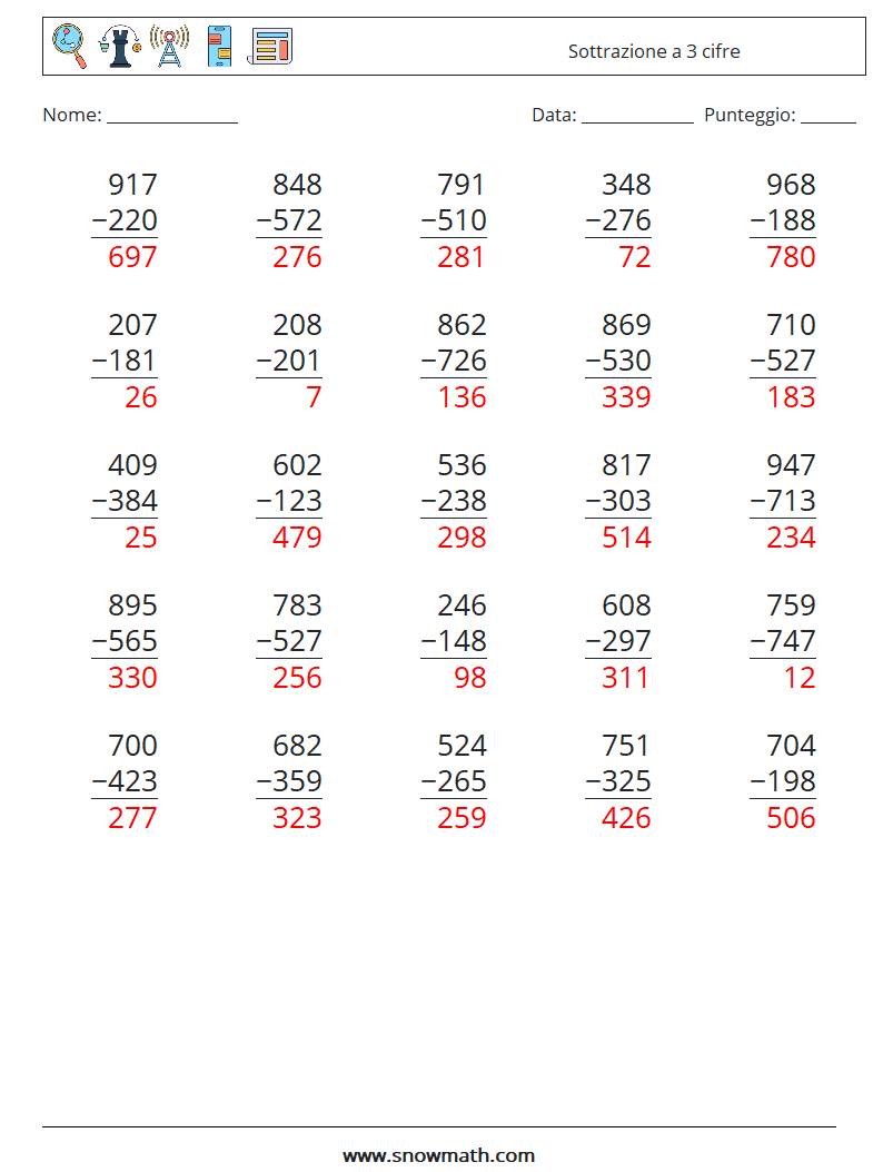 (25) Sottrazione a 3 cifre Fogli di lavoro di matematica 12 Domanda, Risposta