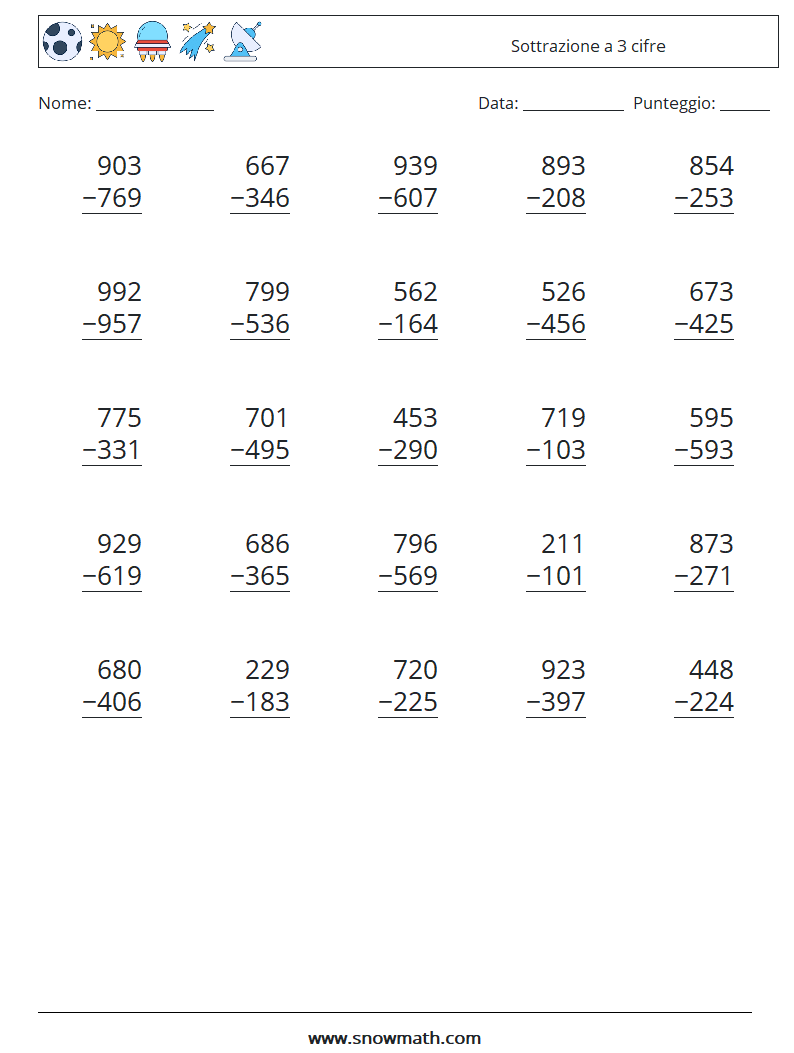 (25) Sottrazione a 3 cifre Fogli di lavoro di matematica 13