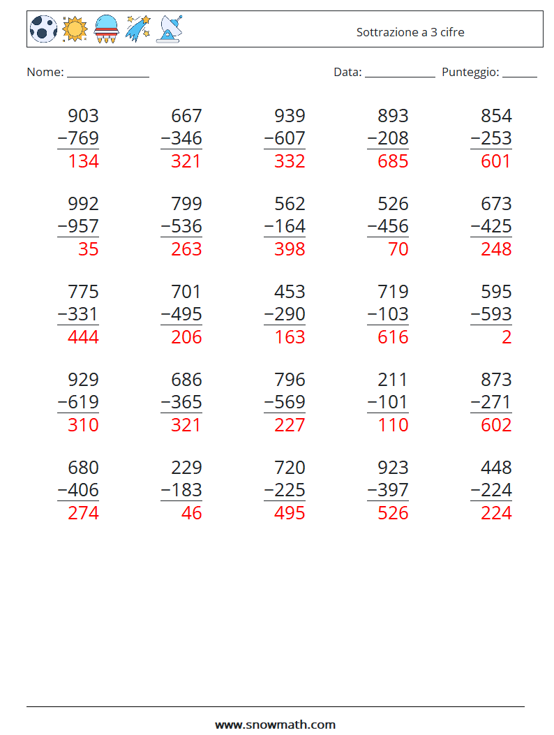 (25) Sottrazione a 3 cifre Fogli di lavoro di matematica 13 Domanda, Risposta