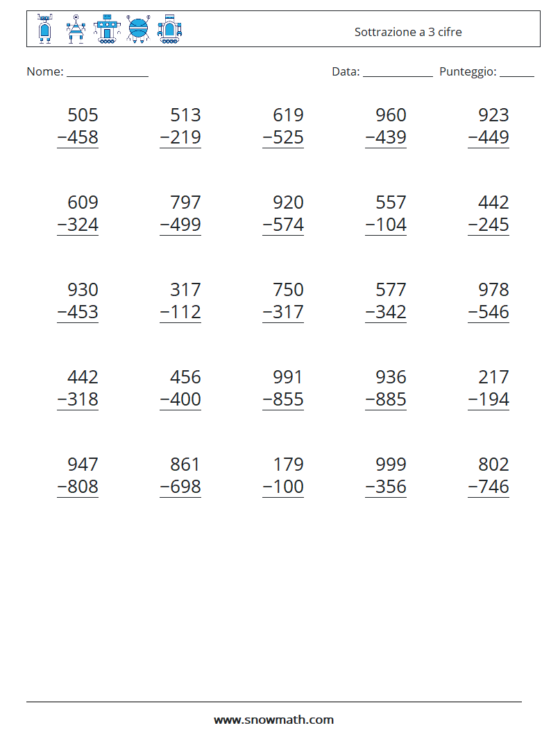 (25) Sottrazione a 3 cifre Fogli di lavoro di matematica 14