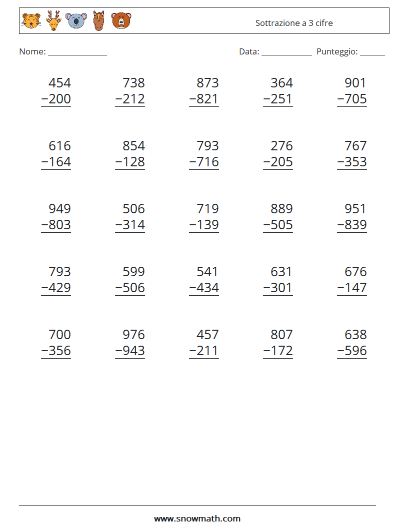 (25) Sottrazione a 3 cifre Fogli di lavoro di matematica 15