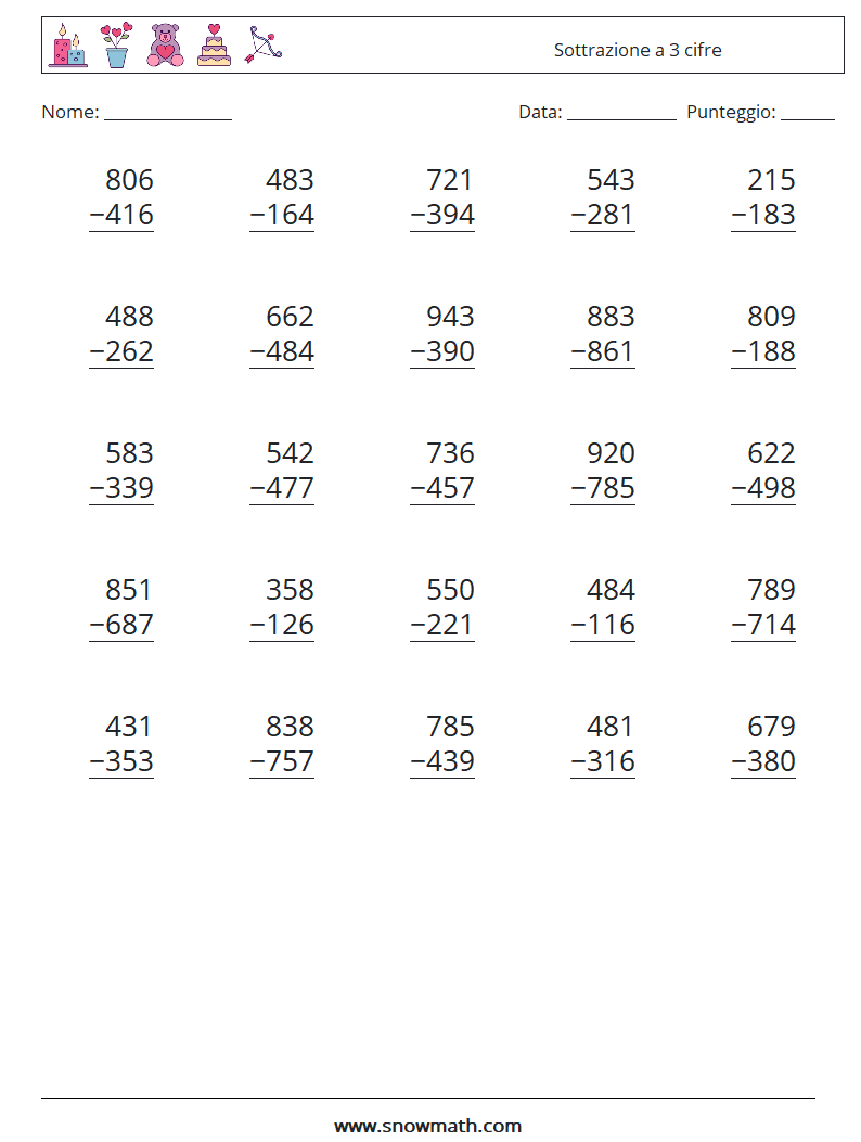 (25) Sottrazione a 3 cifre Fogli di lavoro di matematica 16